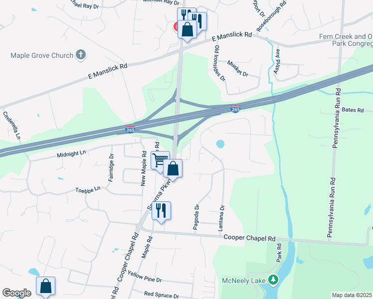 map of restaurants, bars, coffee shops, grocery stores, and more near 9109 Lantana Drive in Louisville