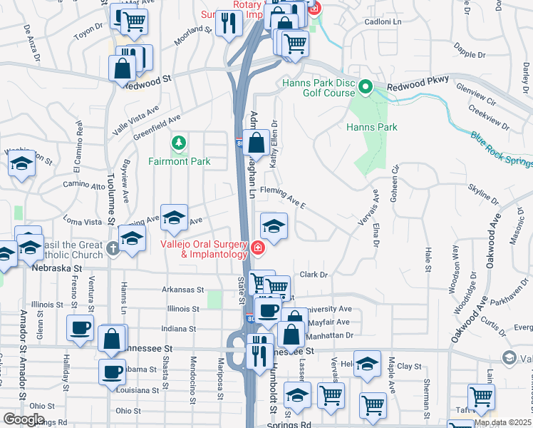 map of restaurants, bars, coffee shops, grocery stores, and more near 108 Maher Court in Vallejo