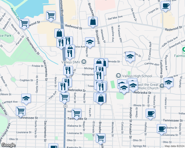 map of restaurants, bars, coffee shops, grocery stores, and more near 2213 El Dorado Street in Vallejo