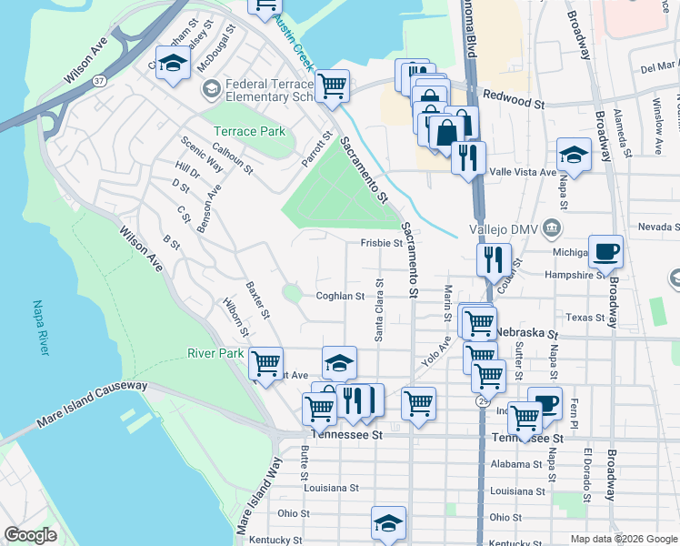 map of restaurants, bars, coffee shops, grocery stores, and more near 50 Frey Place in Vallejo
