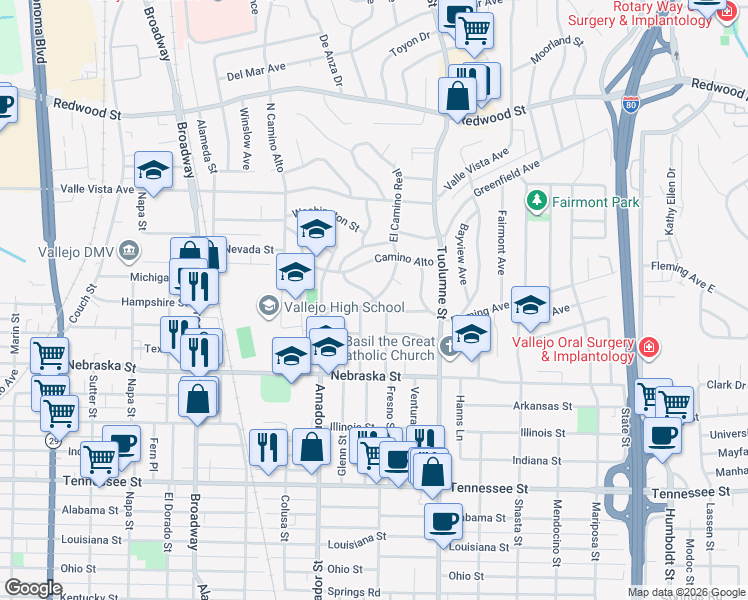 map of restaurants, bars, coffee shops, grocery stores, and more near 9 El Camino Real in Vallejo