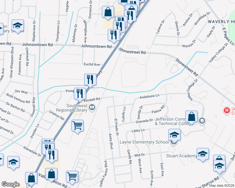 map of restaurants, bars, coffee shops, grocery stores, and more near 4905 Kendall Road in Louisville