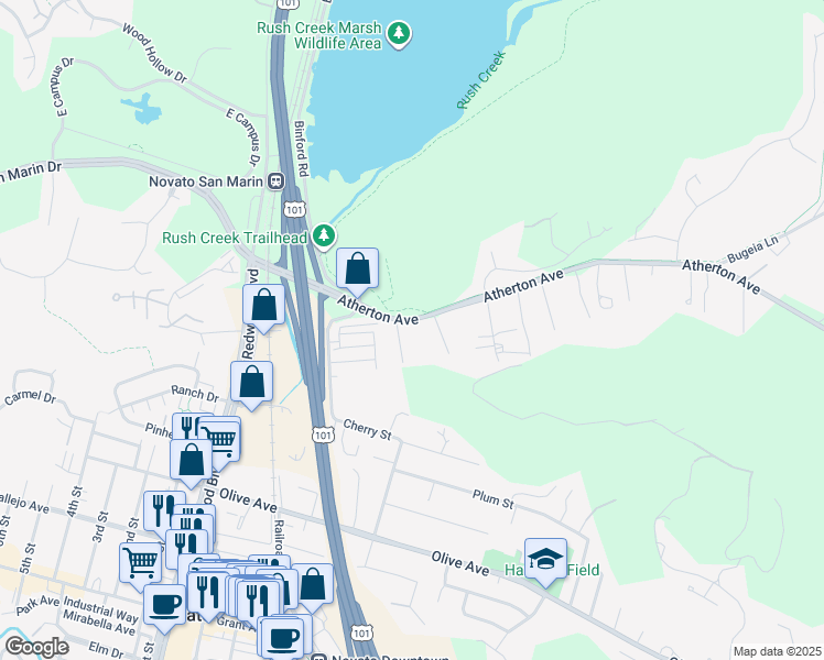 map of restaurants, bars, coffee shops, grocery stores, and more near 859 Atherton Avenue in Novato