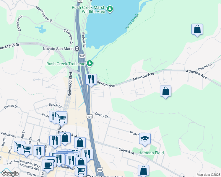 map of restaurants, bars, coffee shops, grocery stores, and more near 859 Atherton Avenue in Novato