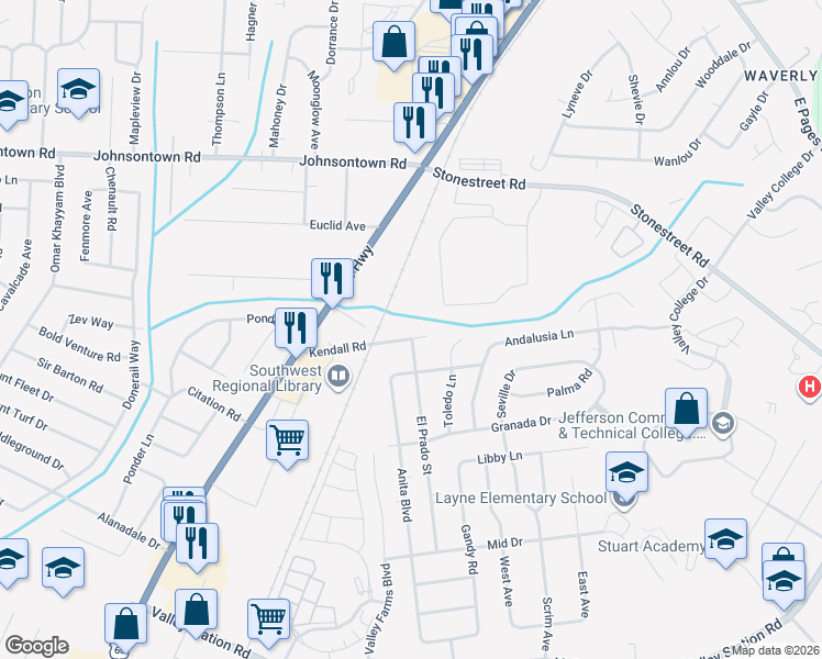 map of restaurants, bars, coffee shops, grocery stores, and more near 4905 Kendall Road in Louisville
