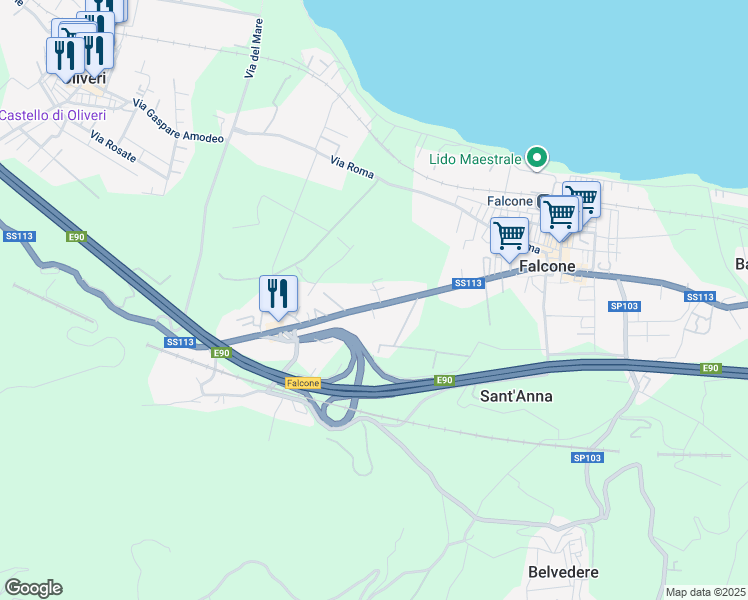 map of restaurants, bars, coffee shops, grocery stores, and more near 250A Via Nazionale in Falcone