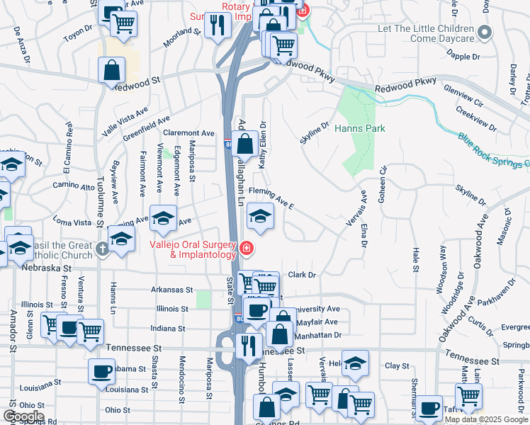 map of restaurants, bars, coffee shops, grocery stores, and more near 155 Maher Court in Vallejo
