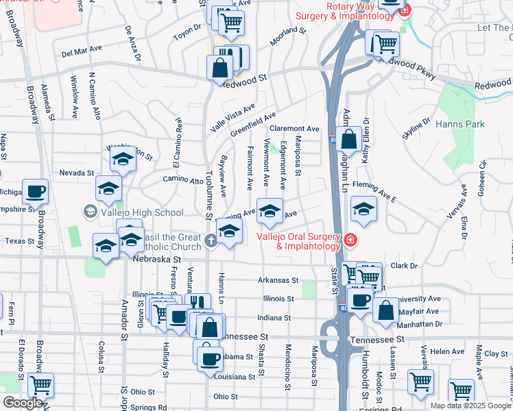 map of restaurants, bars, coffee shops, grocery stores, and more near 119 Viewmont Avenue in Vallejo