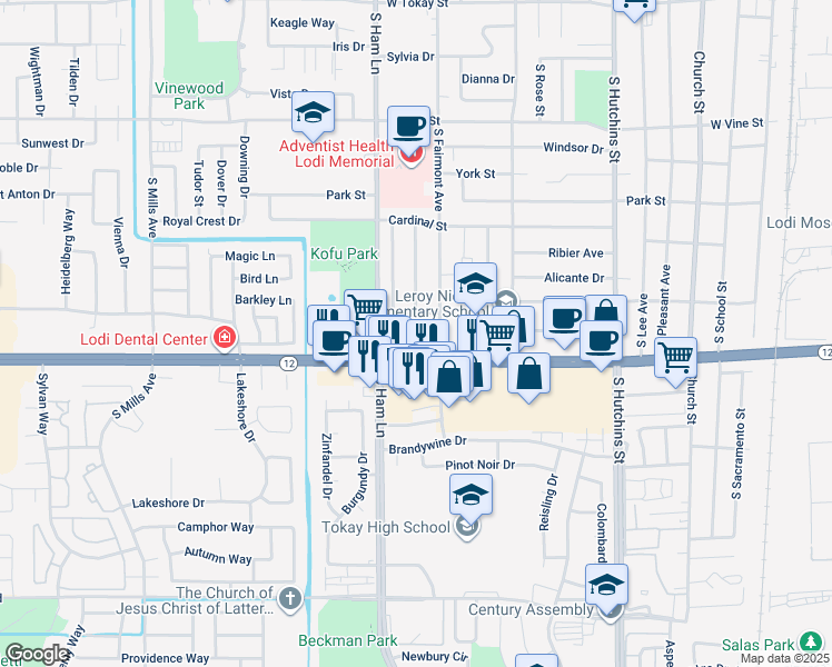 map of restaurants, bars, coffee shops, grocery stores, and more near 1130 Tamarack Drive in Lodi