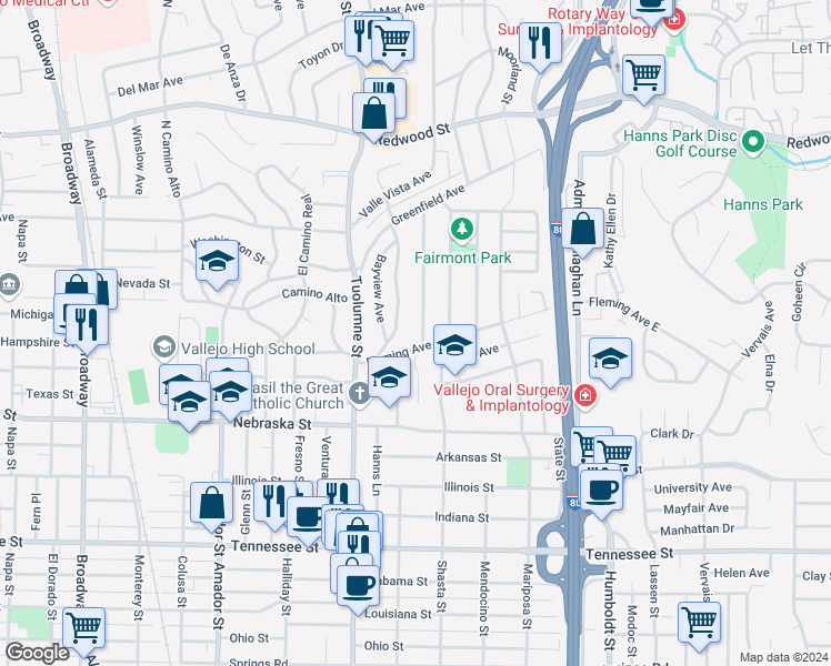 map of restaurants, bars, coffee shops, grocery stores, and more near 107 Fairmont Avenue in Vallejo