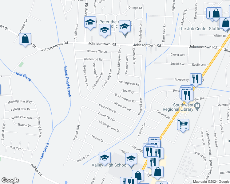 map of restaurants, bars, coffee shops, grocery stores, and more near 5421 Bold Venture Road in Louisville