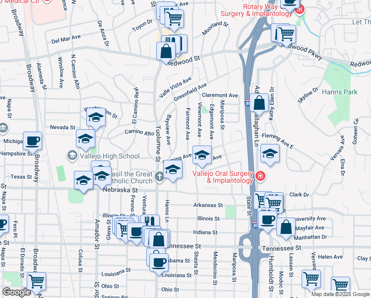 map of restaurants, bars, coffee shops, grocery stores, and more near 107 Fairmont Avenue in Vallejo