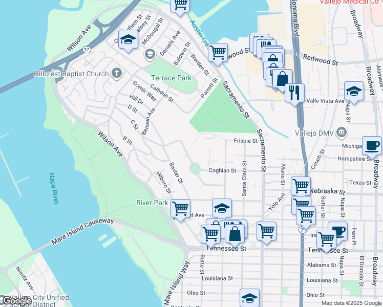 map of restaurants, bars, coffee shops, grocery stores, and more near 112 Harrier Avenue in Vallejo