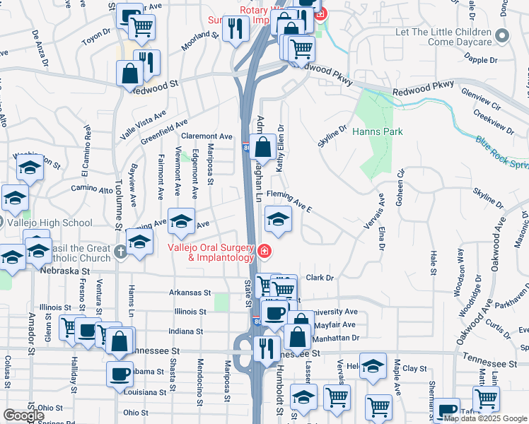 map of restaurants, bars, coffee shops, grocery stores, and more near 112 Maher Court in Vallejo