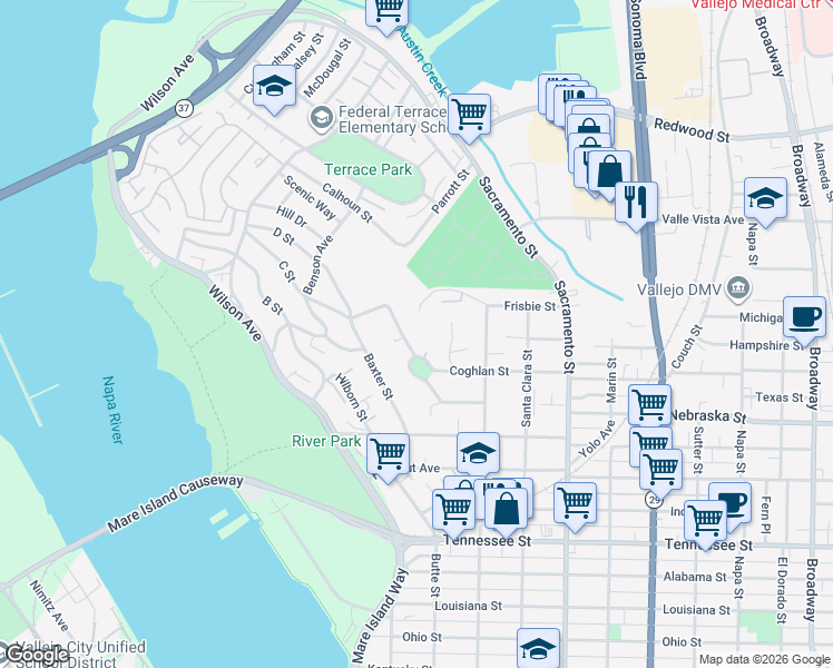 map of restaurants, bars, coffee shops, grocery stores, and more near 110 Harrier Avenue in Vallejo