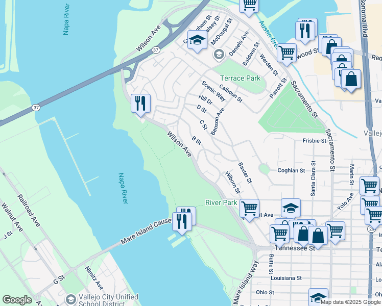 map of restaurants, bars, coffee shops, grocery stores, and more near 524 Wilson Avenue in Vallejo