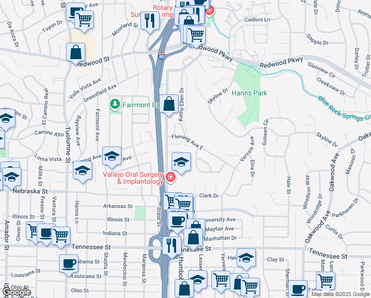 map of restaurants, bars, coffee shops, grocery stores, and more near 517 Fleming Avenue in Vallejo