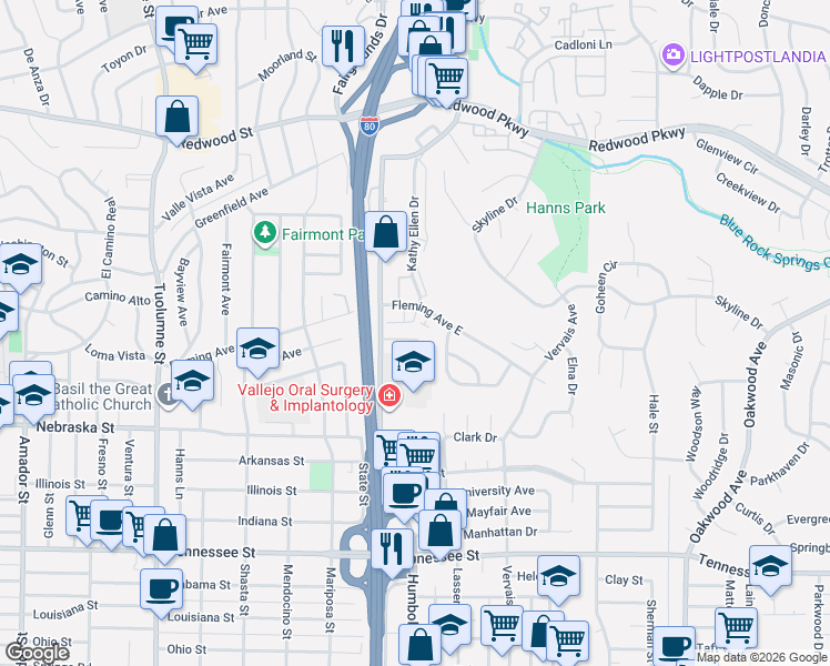 map of restaurants, bars, coffee shops, grocery stores, and more near 517 Fleming Avenue in Vallejo