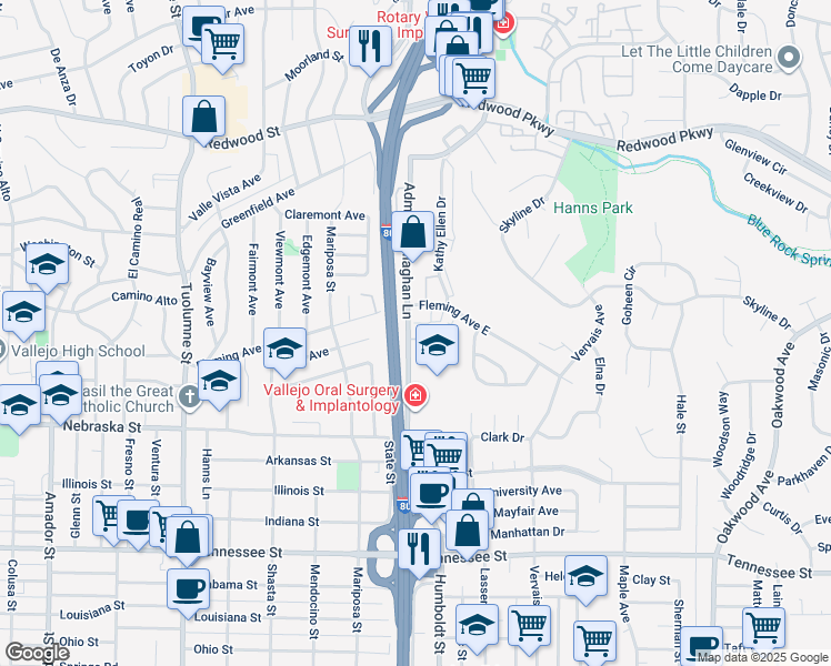 map of restaurants, bars, coffee shops, grocery stores, and more near 108 Maher Court in Vallejo