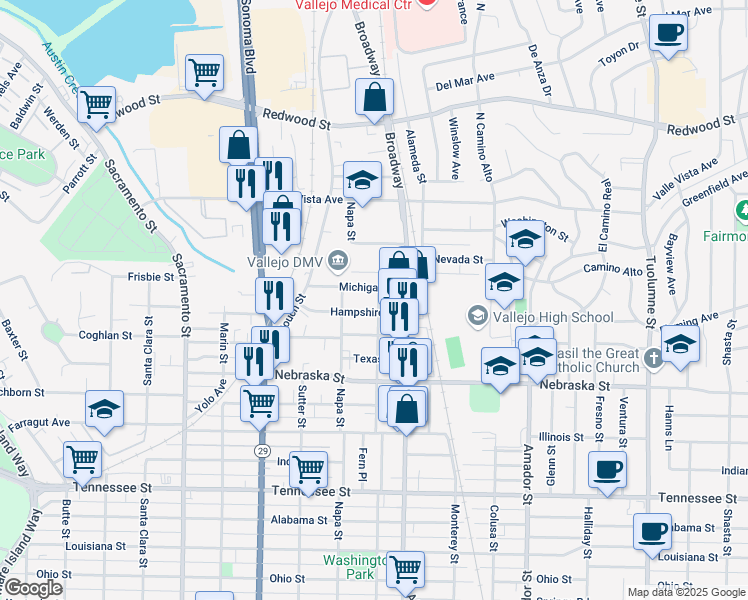 map of restaurants, bars, coffee shops, grocery stores, and more near 2213 El Dorado Street in Vallejo