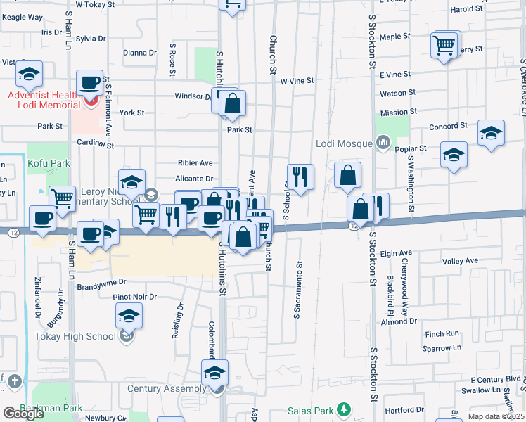 map of restaurants, bars, coffee shops, grocery stores, and more near 1321 Church Street in Lodi