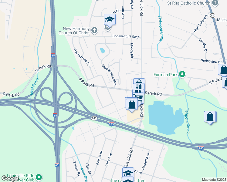 map of restaurants, bars, coffee shops, grocery stores, and more near 3716 South Park Road in Louisville