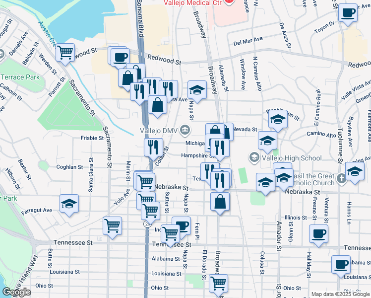 map of restaurants, bars, coffee shops, grocery stores, and more near 2315 Napa Street in Vallejo