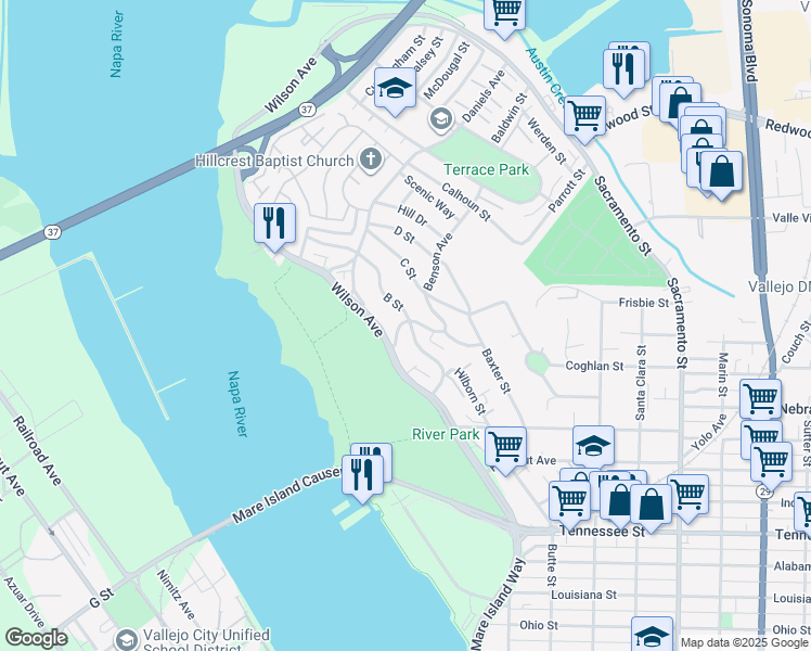 map of restaurants, bars, coffee shops, grocery stores, and more near 30 Benson Avenue in Vallejo