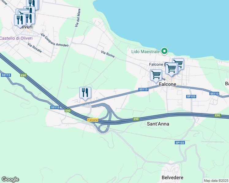 map of restaurants, bars, coffee shops, grocery stores, and more near 250A Via Nazionale in Falcone