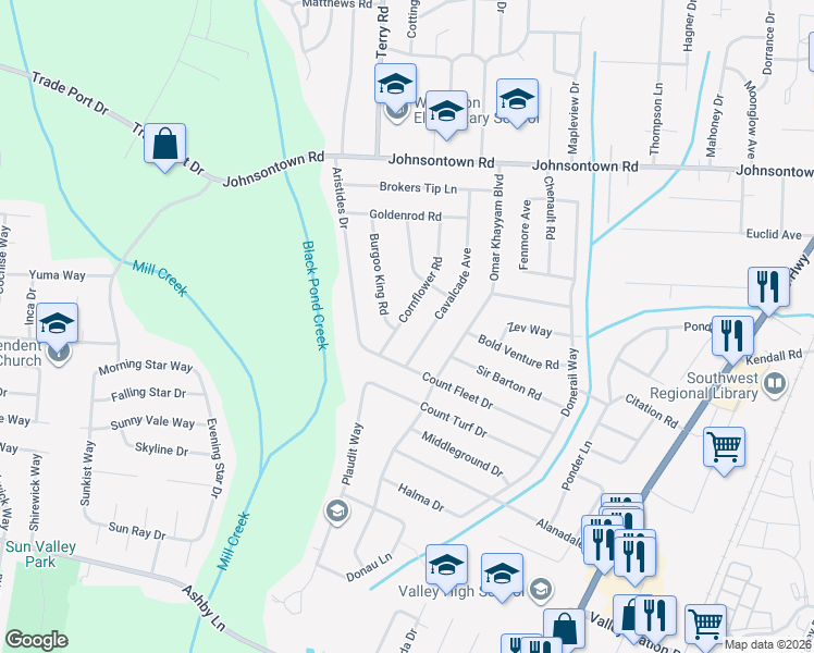 map of restaurants, bars, coffee shops, grocery stores, and more near 9413 Cornflower Road in Louisville