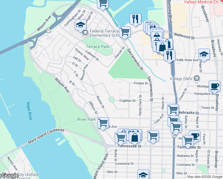 map of restaurants, bars, coffee shops, grocery stores, and more near 75 Frey Place in Vallejo