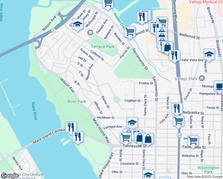 map of restaurants, bars, coffee shops, grocery stores, and more near 129 Harrier Avenue in Vallejo