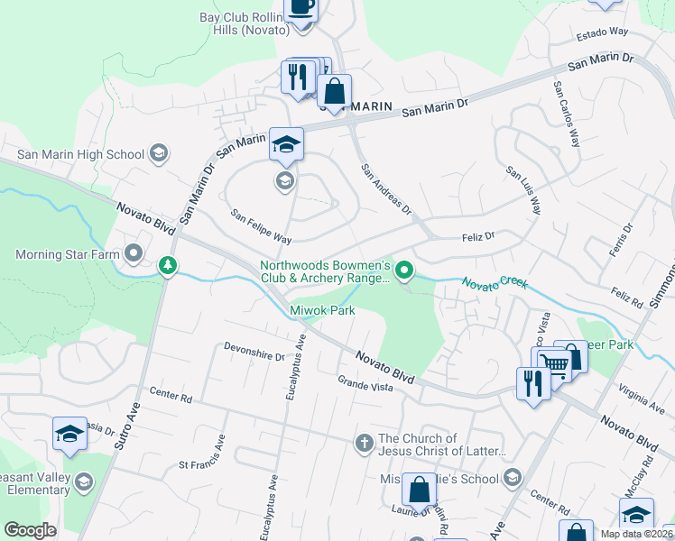 map of restaurants, bars, coffee shops, grocery stores, and more near 31 San Miguel Way in Novato