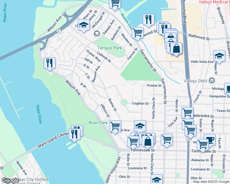 map of restaurants, bars, coffee shops, grocery stores, and more near 129 Harrier Avenue in Vallejo