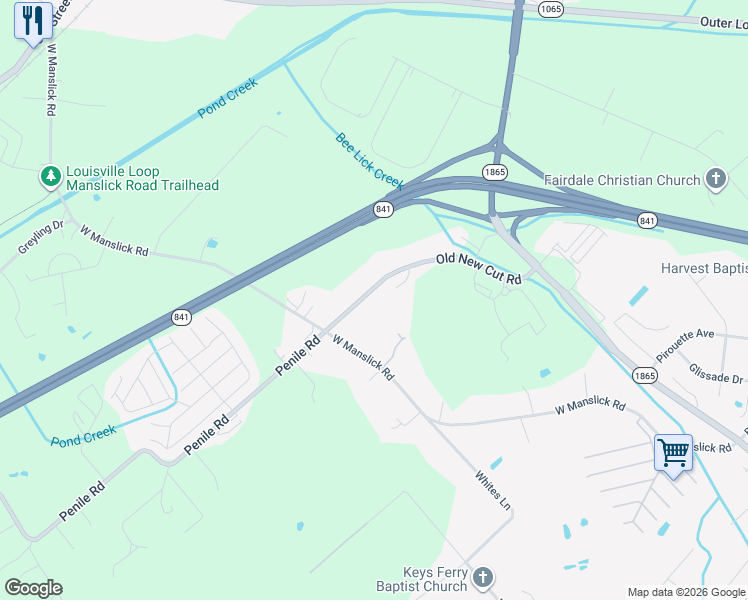 map of restaurants, bars, coffee shops, grocery stores, and more near 6703 Old New Cut Road in Louisville