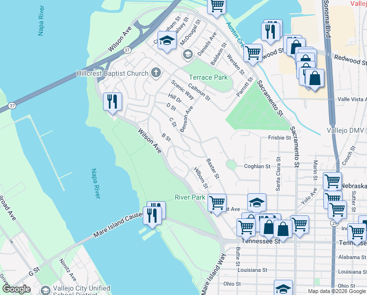 map of restaurants, bars, coffee shops, grocery stores, and more near 123 Benson Avenue in Vallejo