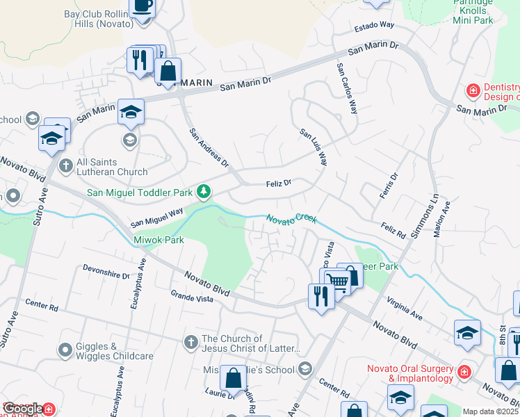 map of restaurants, bars, coffee shops, grocery stores, and more near 148 San Luis Way in Novato