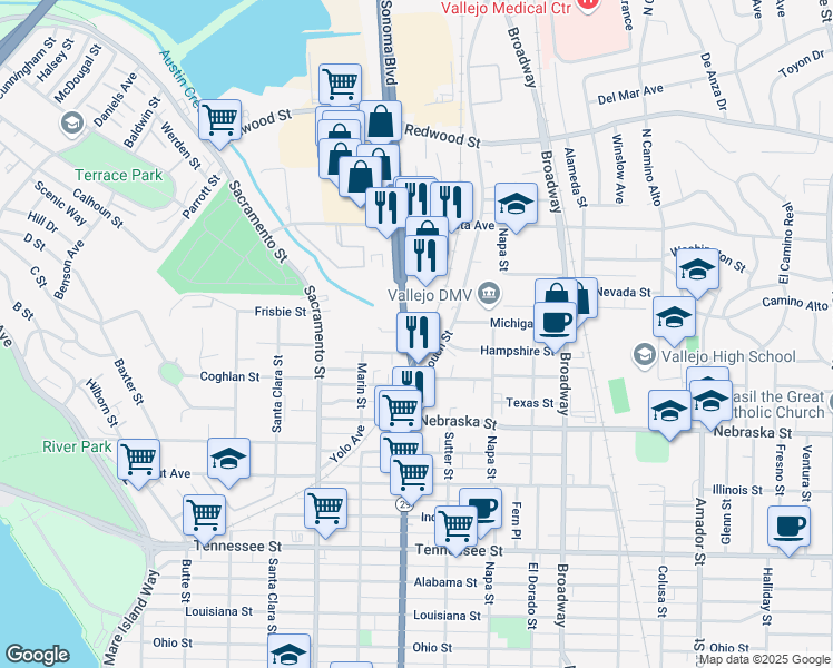 map of restaurants, bars, coffee shops, grocery stores, and more near 3200 Sonoma Boulevard in Vallejo