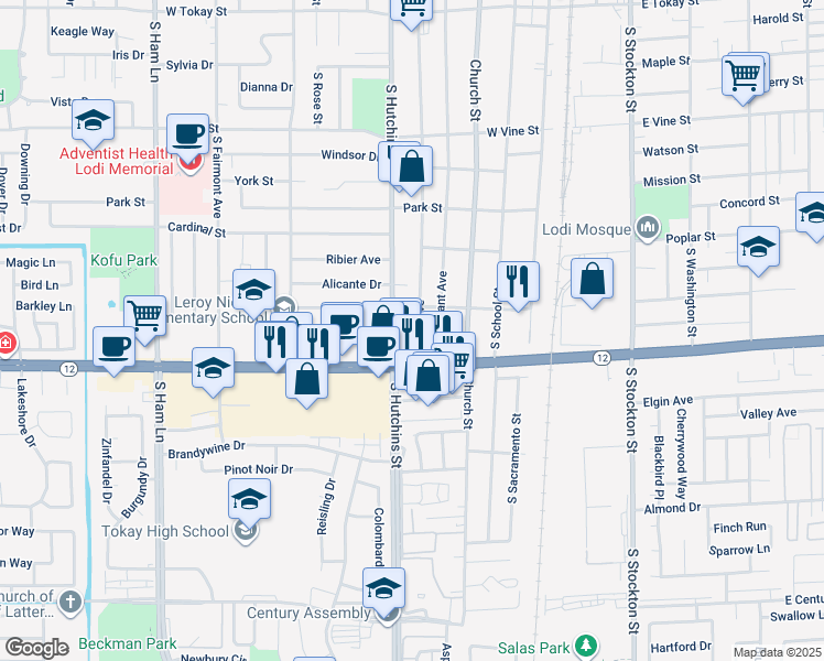 map of restaurants, bars, coffee shops, grocery stores, and more near 1319 South Lee Avenue in Lodi