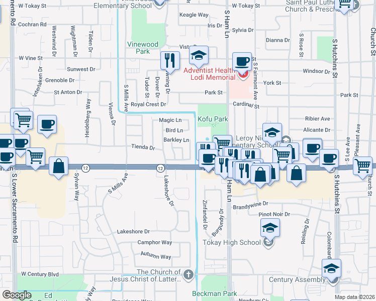 map of restaurants, bars, coffee shops, grocery stores, and more near 1329 Robinson Lane in Lodi