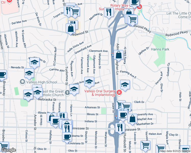 map of restaurants, bars, coffee shops, grocery stores, and more near 198 Fleming Avenue in Vallejo