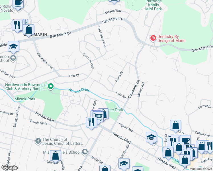 map of restaurants, bars, coffee shops, grocery stores, and more near 2046 Feliz Road in Novato