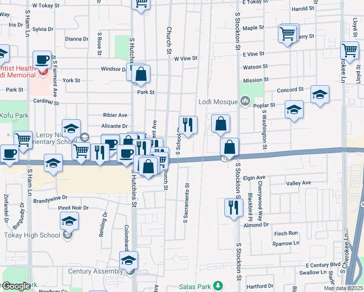 map of restaurants, bars, coffee shops, grocery stores, and more near 1314 South School Street in Lodi