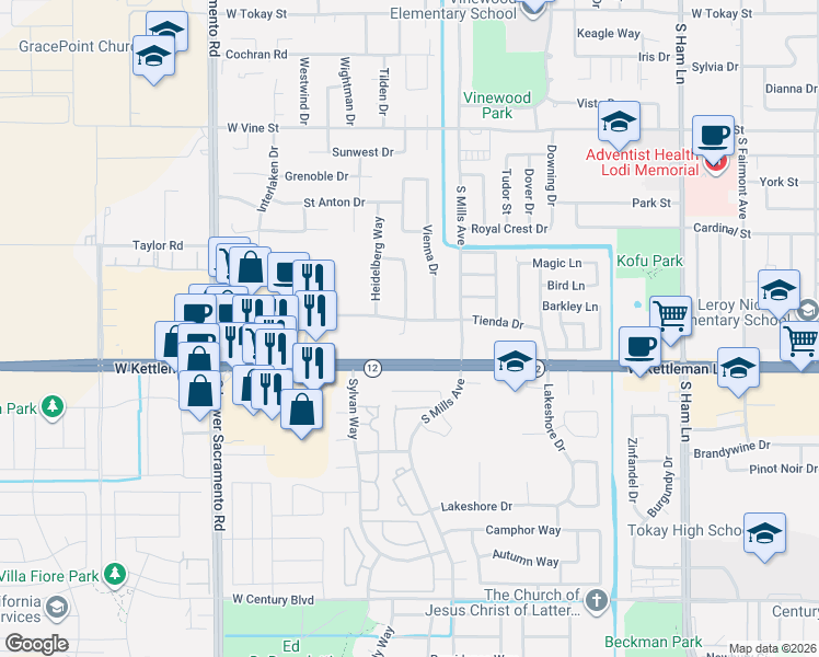 map of restaurants, bars, coffee shops, grocery stores, and more near 2110 Tienda Drive in Lodi