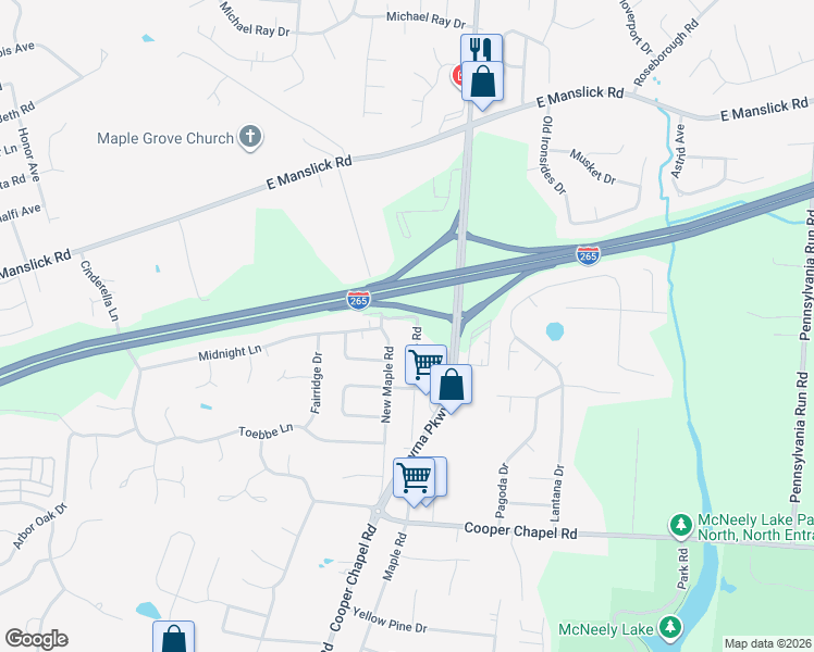 map of restaurants, bars, coffee shops, grocery stores, and more near 9018 Maple Road in Louisville