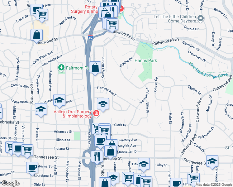 map of restaurants, bars, coffee shops, grocery stores, and more near 602 Fleming Avenue East in Vallejo