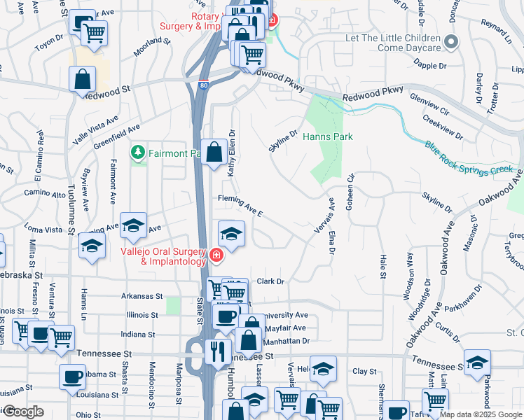 map of restaurants, bars, coffee shops, grocery stores, and more near 602 Fleming Avenue East in Vallejo