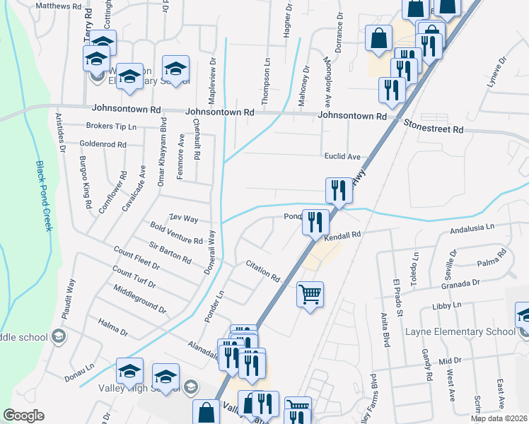 map of restaurants, bars, coffee shops, grocery stores, and more near 9312 Ponder Lane in Louisville
