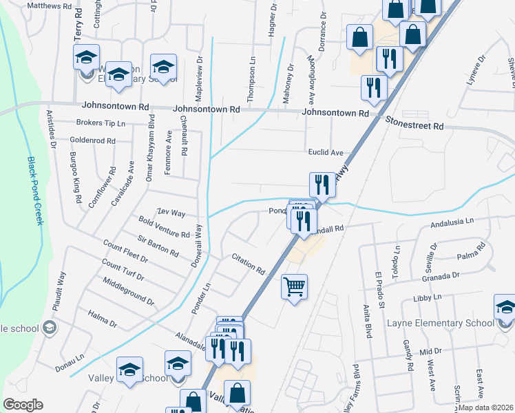 map of restaurants, bars, coffee shops, grocery stores, and more near 9300 Ponder Lane in Louisville