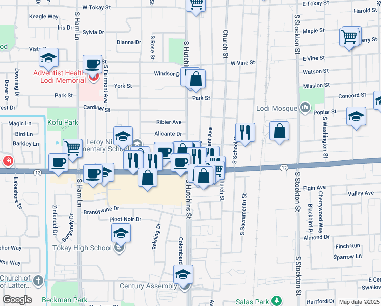 map of restaurants, bars, coffee shops, grocery stores, and more near 1319 South Lee Avenue in Lodi